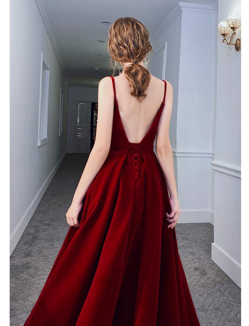 Red Suspender Dress Temperament Backless Wedding Toast Clothes - Luzilly Bridal & Apparel