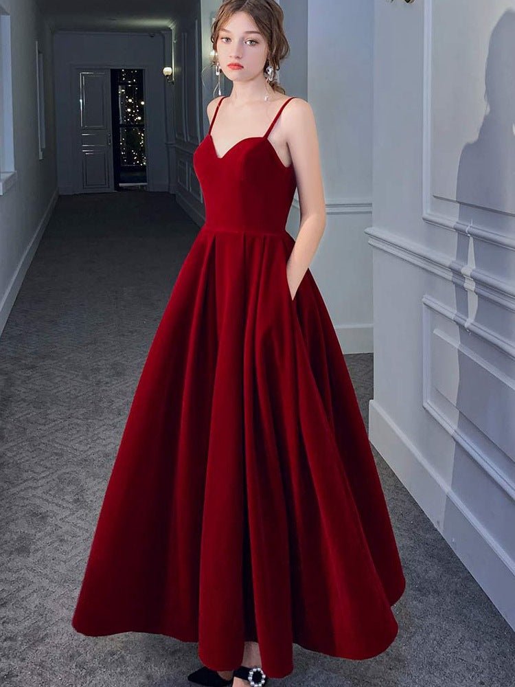 Red Suspender Dress Temperament Backless Wedding Toast Clothes - Luzilly Bridal & Apparel