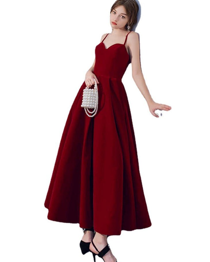 Red Suspender Dress Temperament Backless Wedding Toast Clothes - Luzilly Bridal & Apparel