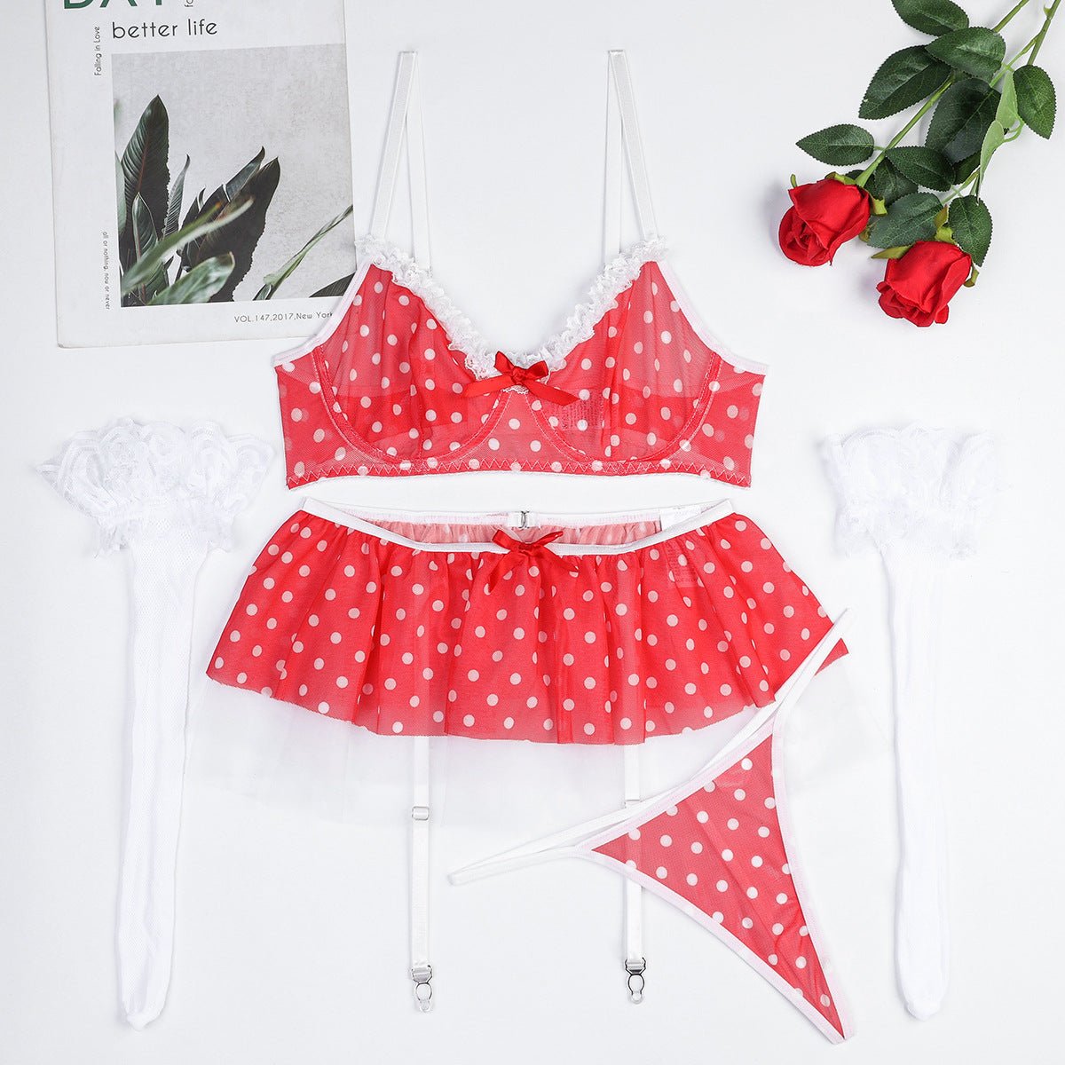 Red White Polka Dot Contrast Color Mesh Cute Puffy Net Skirt Hemline Sweet Holiday Sexy Lingerie Three Or Four Piece Suit - Luzilly Bridal & Apparel
