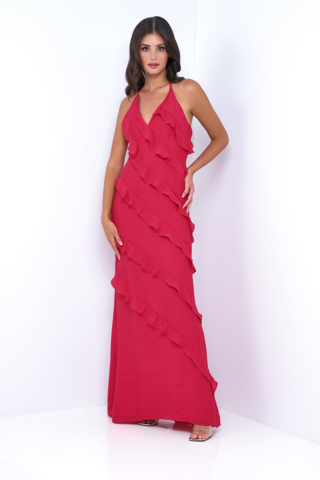 Remi Red Maxi Dress - Halter Neck, Open Back, Ruffle Detail - Luzilly Bridal & Apparel