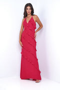 Remi Red Maxi Dress - Halter Neck, Open Back, Ruffle Detail - Luzilly Bridal & Apparel