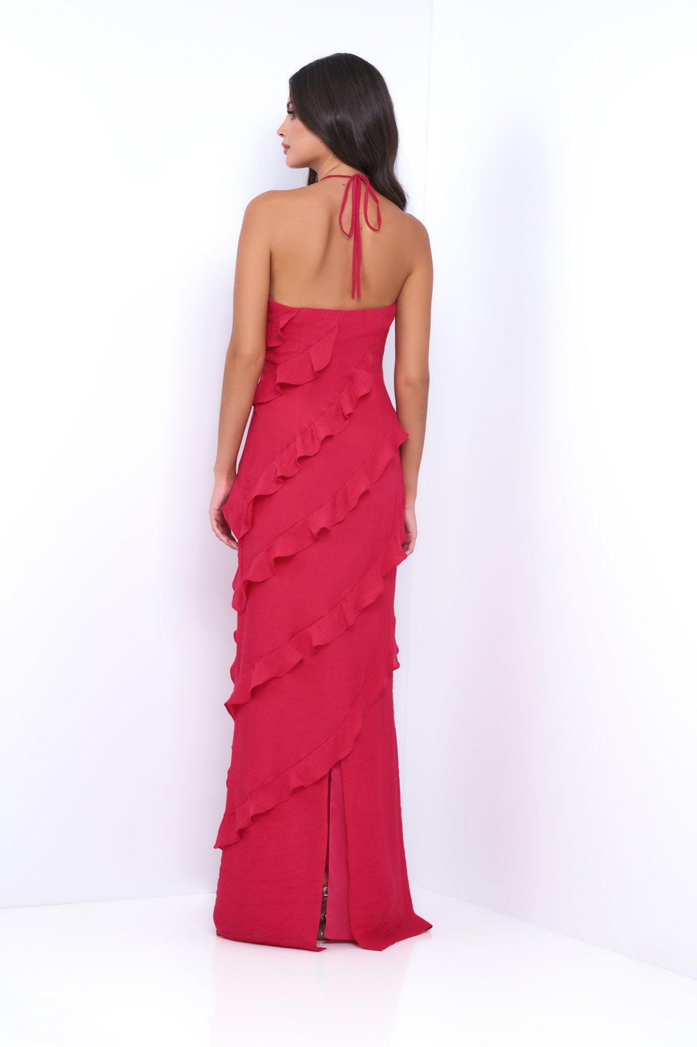 Remi Red Maxi Dress - Halter Neck, Open Back, Ruffle Detail - Luzilly Bridal & Apparel