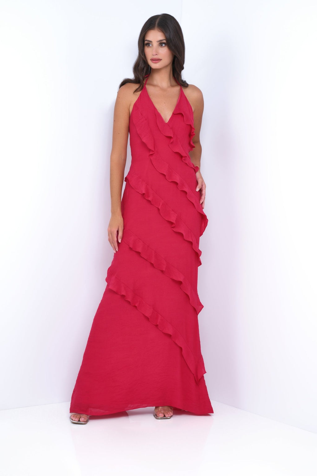 Remi Red Maxi Dress - Halter Neck, Open Back, Ruffle Detail - Luzilly Bridal & Apparel