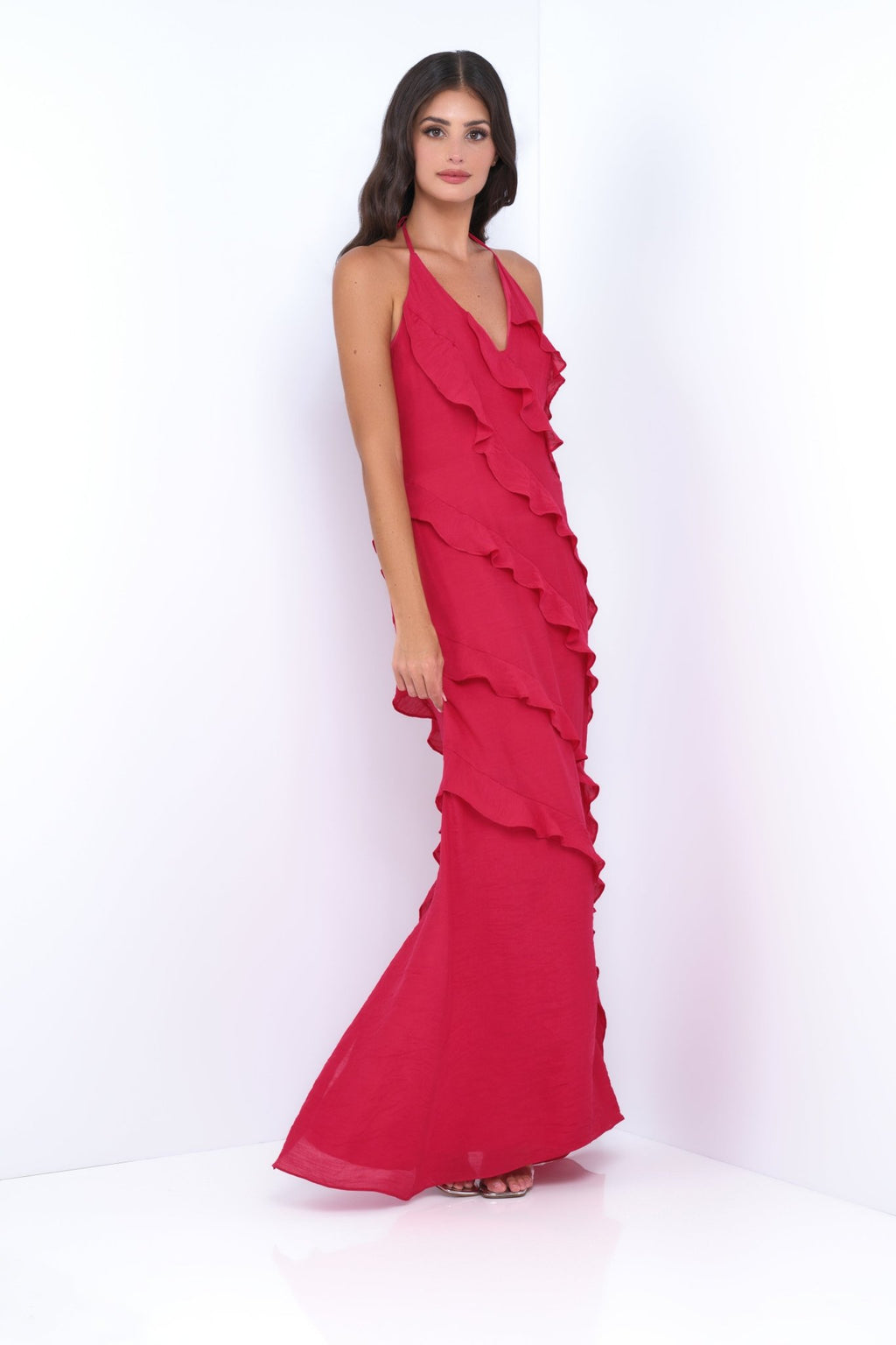 Remi Red Maxi Dress - Halter Neck, Open Back, Ruffle Detail - Luzilly Bridal & Apparel