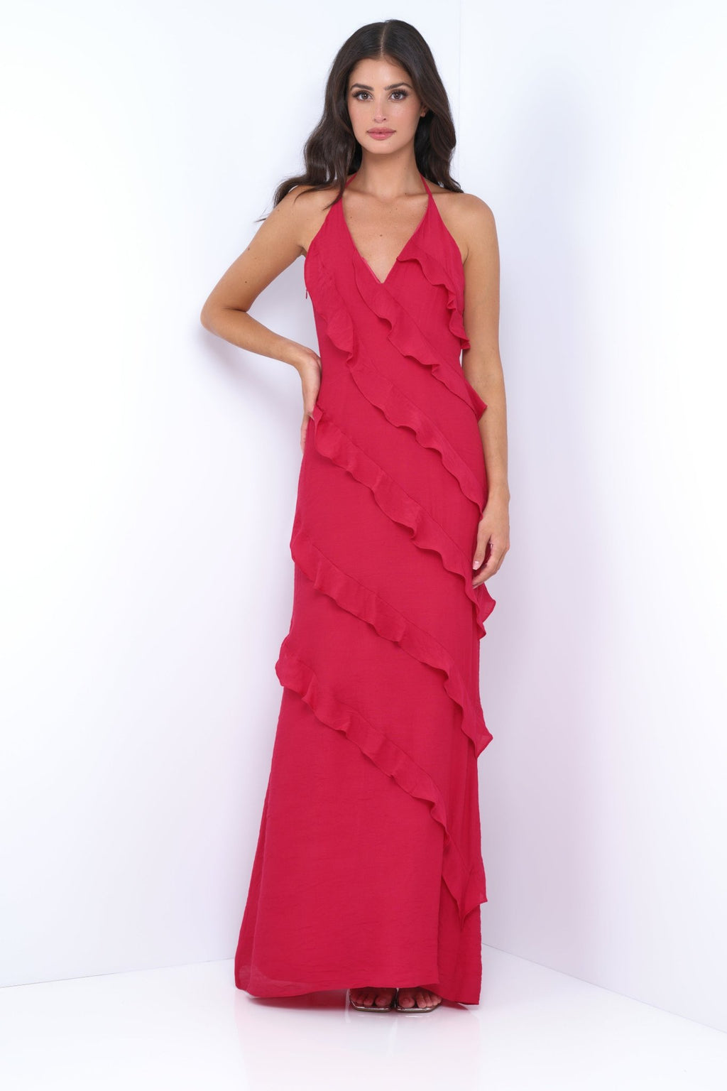 Remi Red Maxi Dress - Halter Neck, Open Back, Ruffle Detail - Luzilly Bridal & Apparel