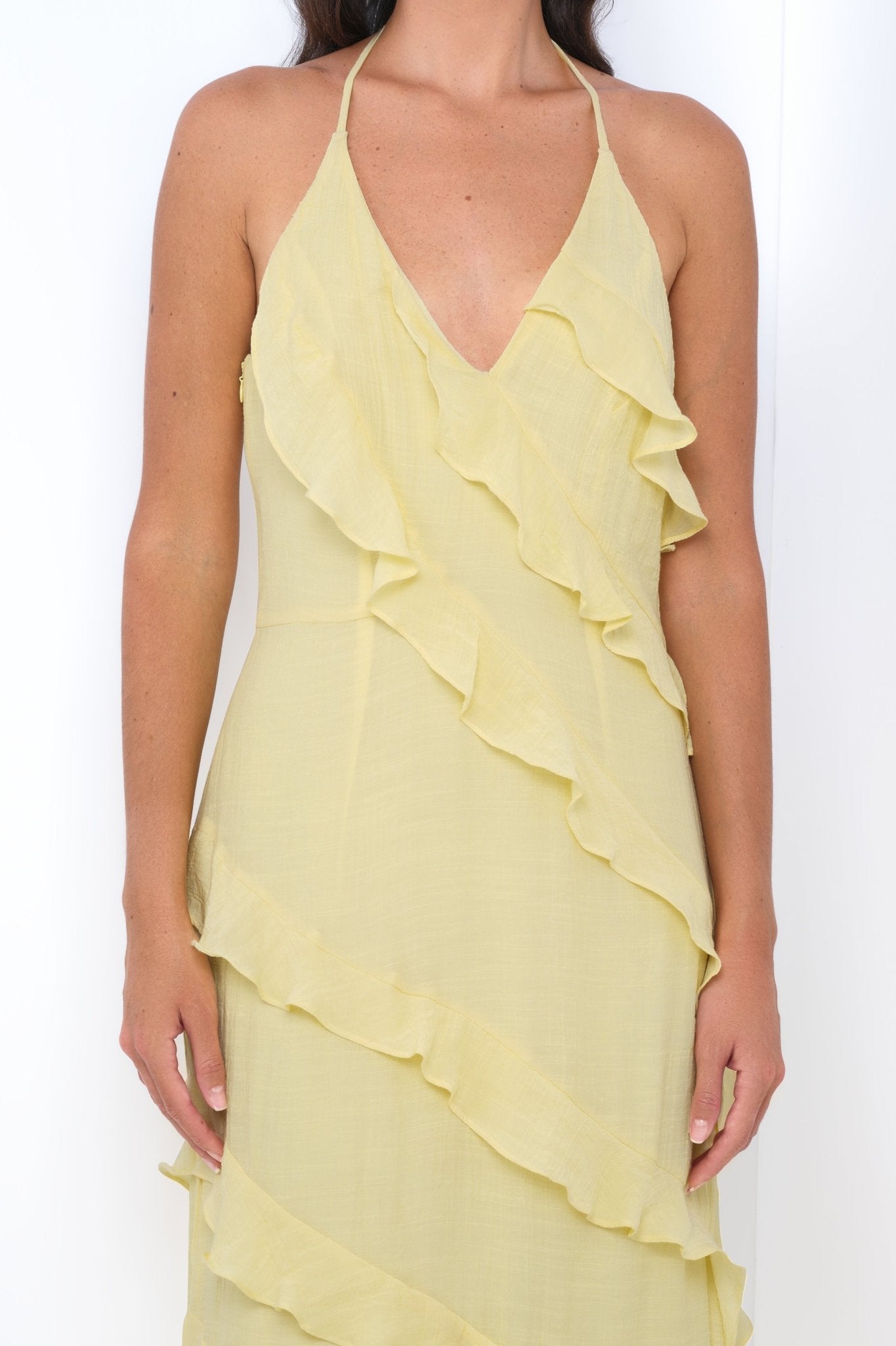 Remi Yellow Maxi Dress - Halter Neck, Open Back & Ruffle Detail - Luzilly Bridal & Apparel