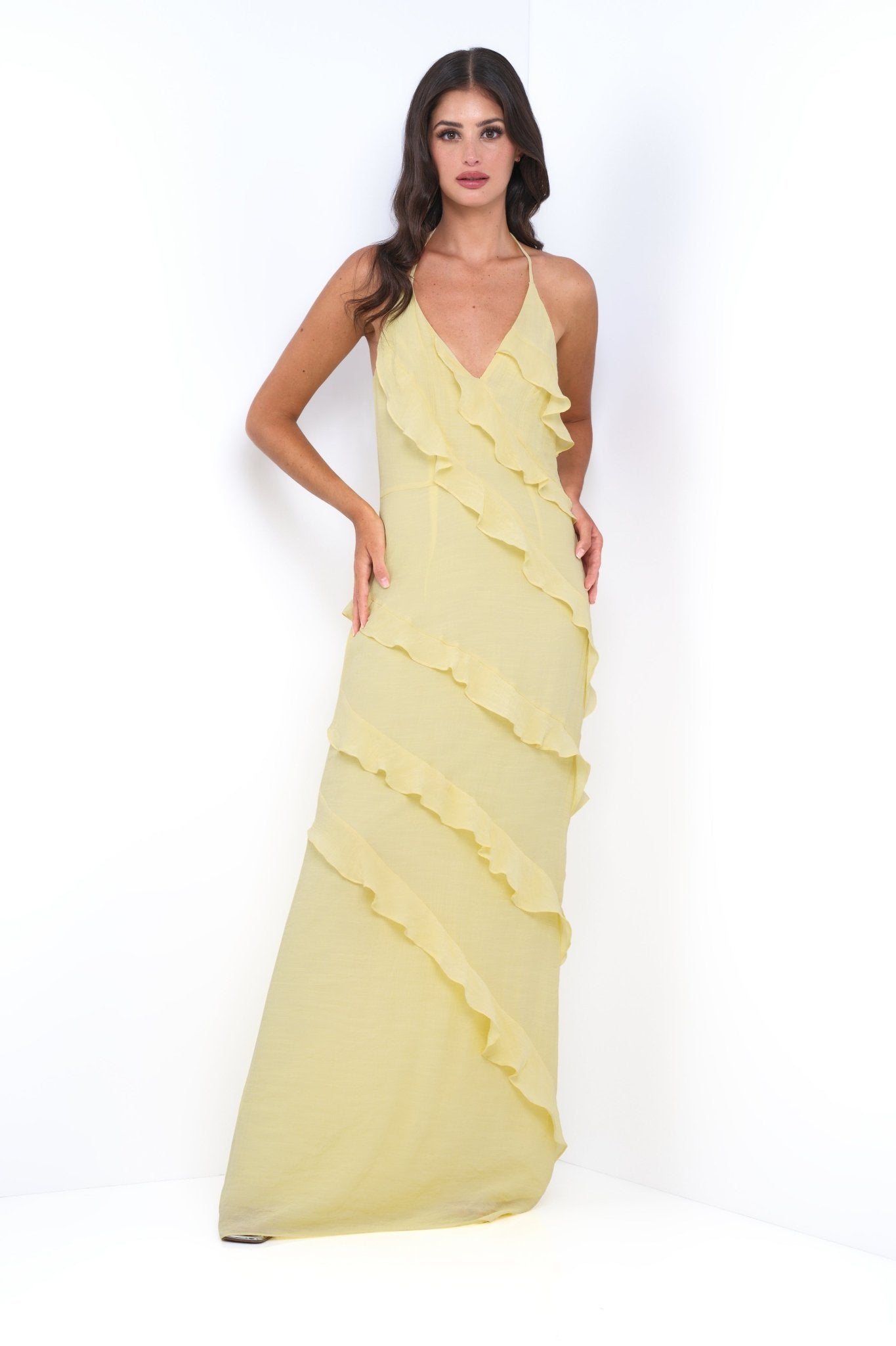Remi Yellow Maxi Dress - Halter Neck, Open Back & Ruffle Detail - Luzilly Bridal & Apparel