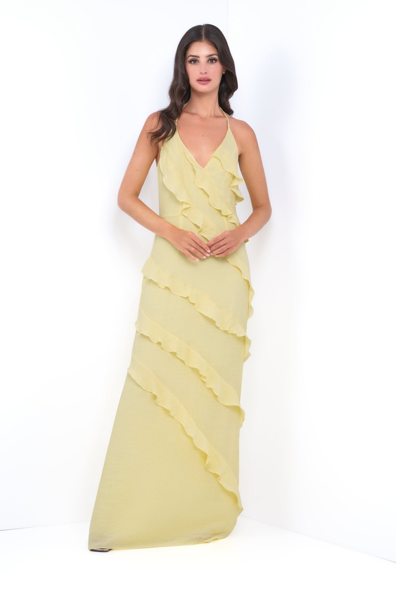 Remi Yellow Maxi Dress - Halter Neck, Open Back & Ruffle Detail - Luzilly Bridal & Apparel