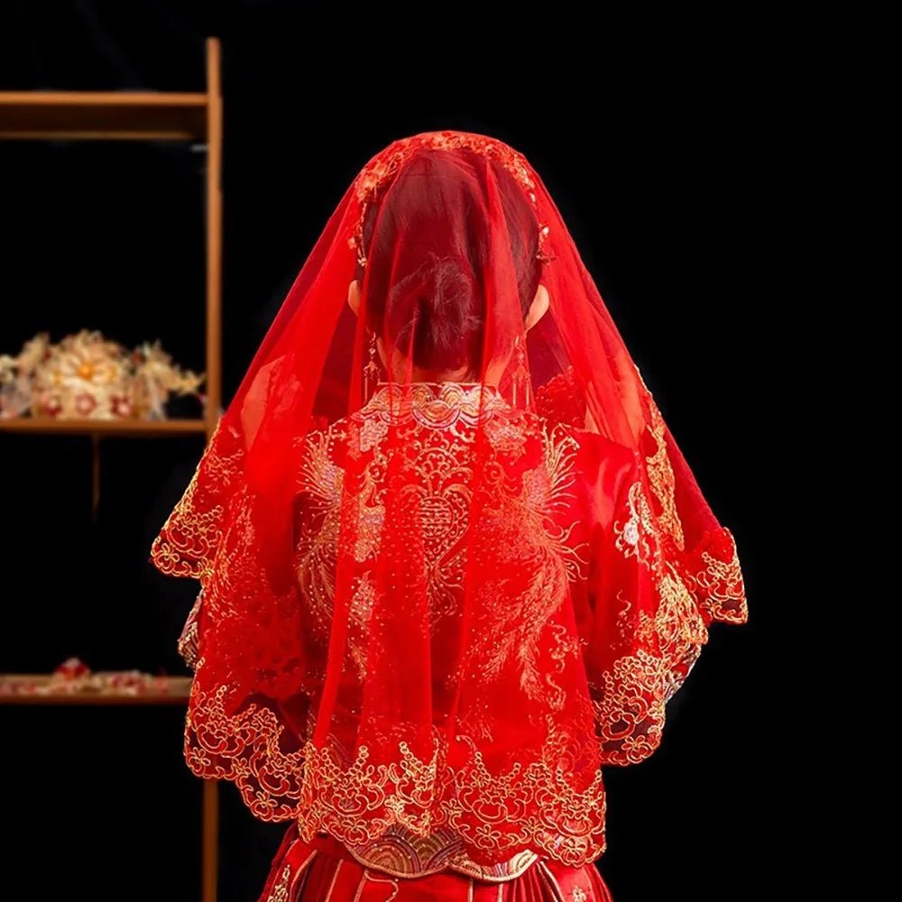 Retro Gauze Gold Embroidery Red Bridal Veil Lace Short Wedding Head Cover Elegant Ancient Xiuhe Dress Veil Proposal - Luzilly Bridal & Apparel
