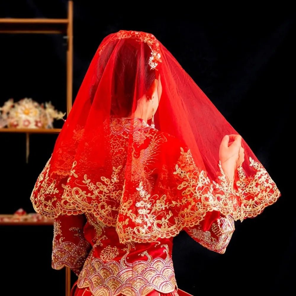 Retro Gauze Gold Embroidery Red Bridal Veil Lace Short Wedding Head Cover Elegant Ancient Xiuhe Dress Veil Proposal - Luzilly Bridal & Apparel
