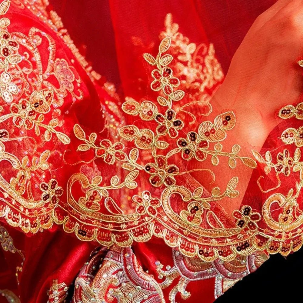 Retro Gauze Gold Embroidery Red Bridal Veil Lace Short Wedding Head Cover Elegant Ancient Xiuhe Dress Veil Proposal - Luzilly Bridal & Apparel