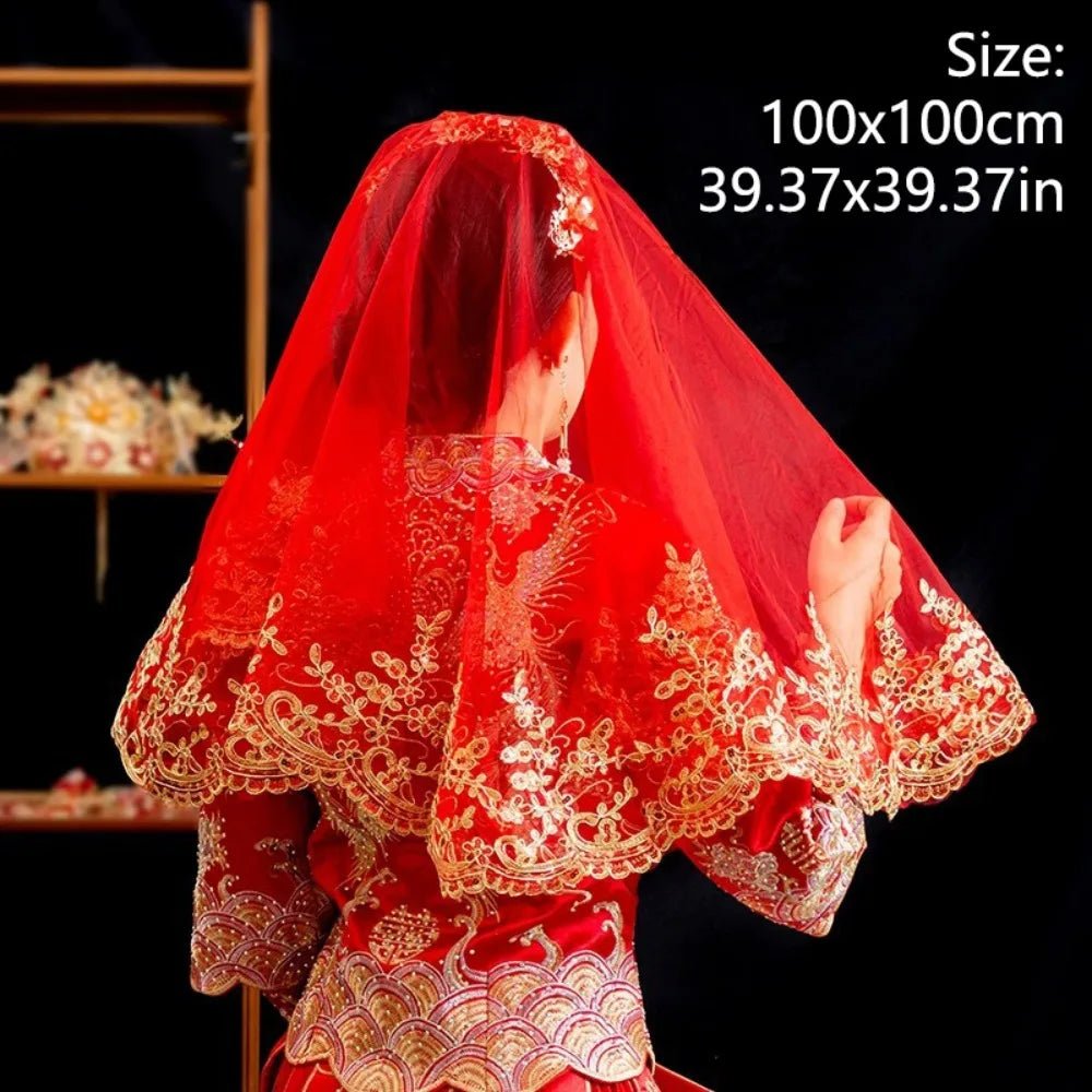 Retro Gauze Gold Embroidery Red Bridal Veil Lace Short Wedding Head Cover Elegant Ancient Xiuhe Dress Veil Proposal - Luzilly Bridal & Apparel