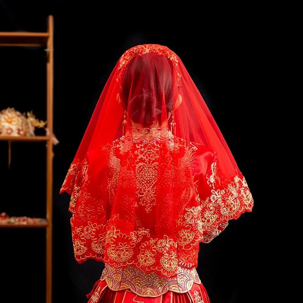Retro Gauze Gold Embroidery Red Bridal Veil Lace Short Wedding Head Cover Elegant Ancient Xiuhe Dress Veil Proposal - Luzilly Bridal & Apparel