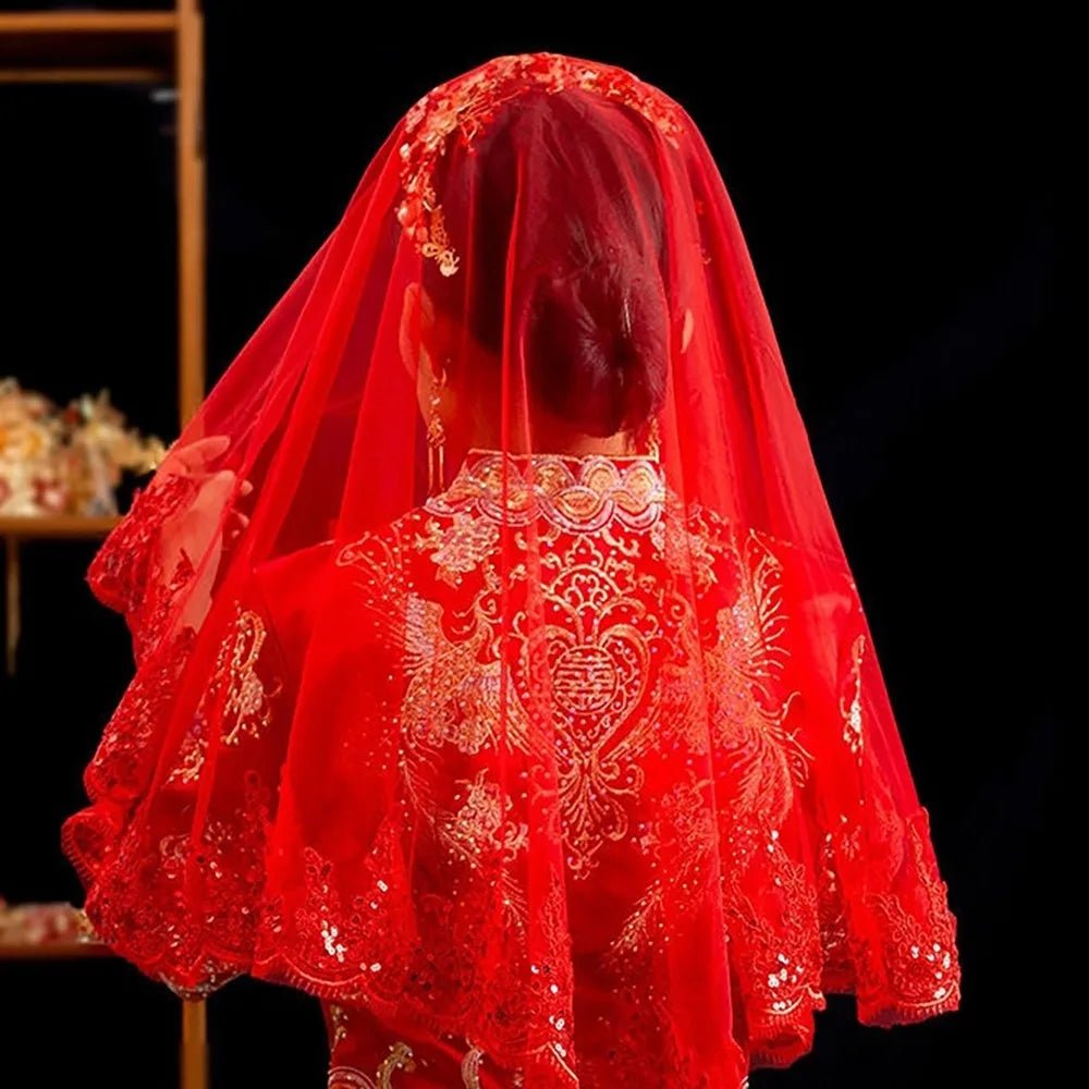 Retro Gauze Gold Embroidery Red Bridal Veil Lace Short Wedding Head Cover Elegant Ancient Xiuhe Dress Veil Proposal - Luzilly Bridal & Apparel