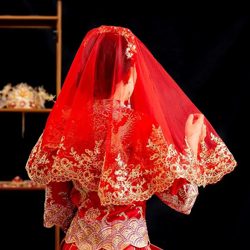 Retro Gauze Gold Embroidery Red Bridal Veil Lace Short Wedding Head Cover Elegant Ancient Xiuhe Dress Veil Proposal - Luzilly Bridal & Apparel