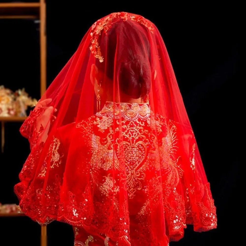 Retro Gauze Gold Embroidery Red Bridal Veil Lace Short Wedding Head Cover Elegant Ancient Xiuhe Dress Veil Proposal - Luzilly Bridal & Apparel