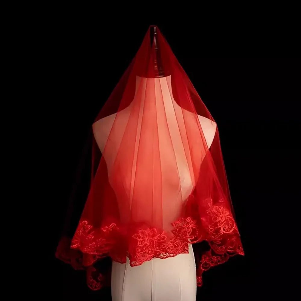 Retro Gauze Gold Embroidery Red Bridal Veil Lace Short Wedding Head Cover Elegant Ancient Xiuhe Dress Veil Proposal - Luzilly Bridal & Apparel