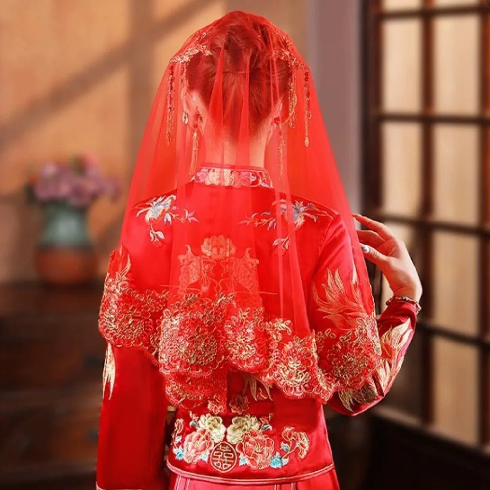 Retro Gauze Gold Embroidery Red Bridal Veil Lace Short Wedding Head Cover Elegant Ancient Xiuhe Dress Veil Proposal - Luzilly Bridal & Apparel