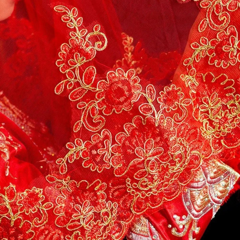 Retro Gauze Gold Embroidery Red Bridal Veil Lace Short Wedding Head Cover Elegant Ancient Xiuhe Dress Veil Proposal - Luzilly Bridal & Apparel