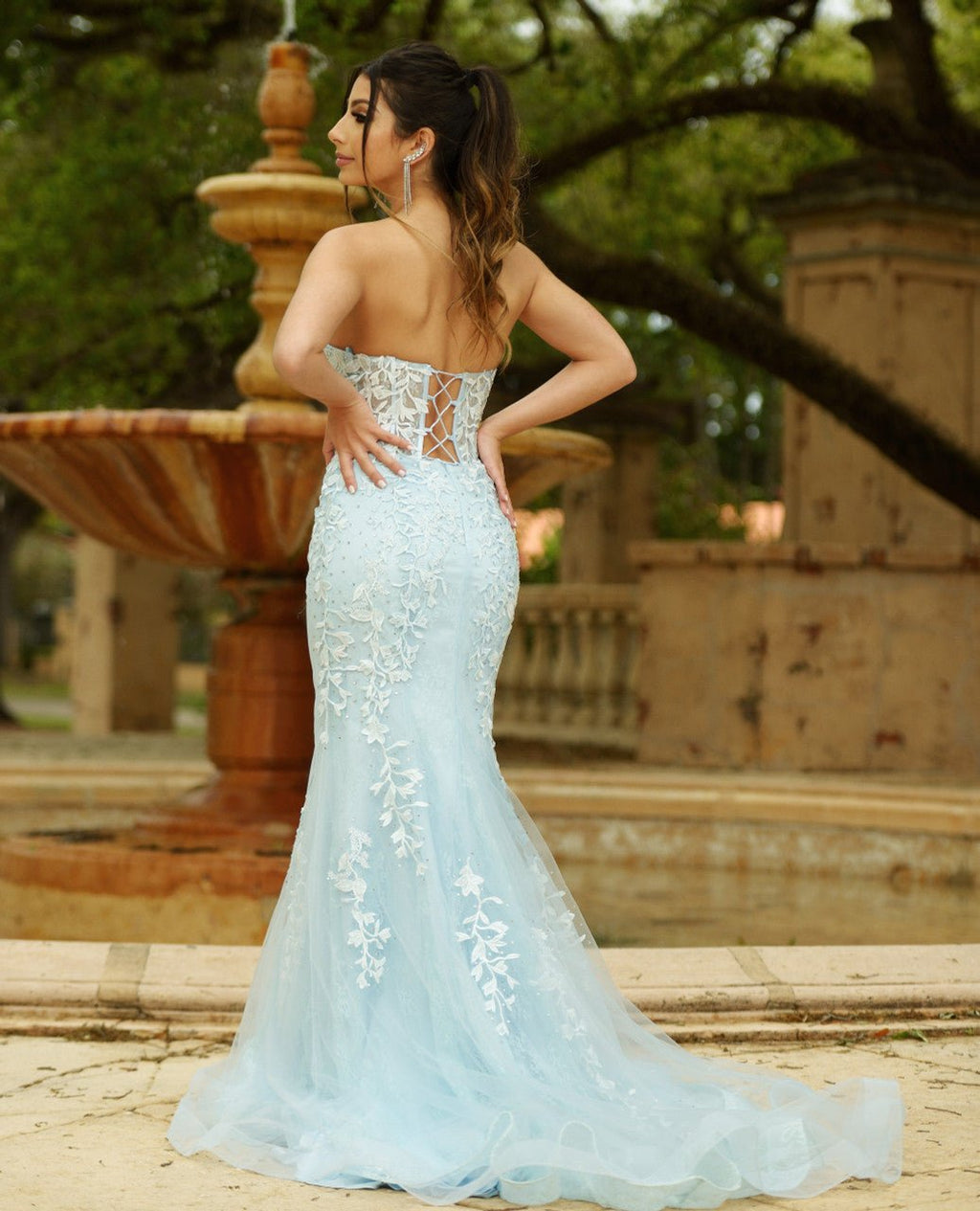 Reva Corset Gown - Light Blue Floral Lace Dress - Luzilly Bridal & Apparel