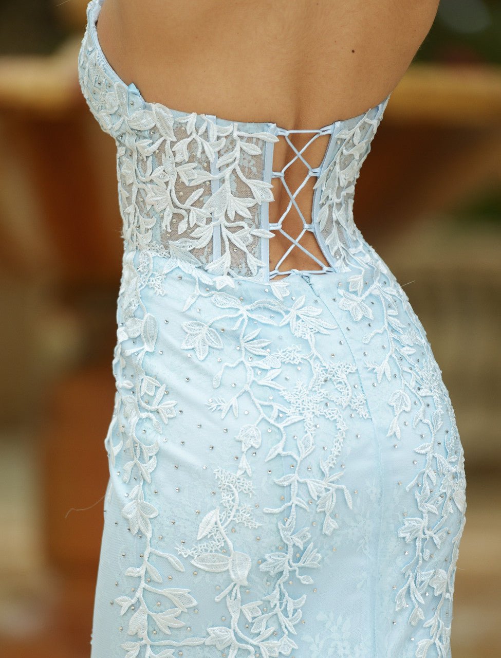 Reva Corset Gown - Light Blue Floral Lace Dress - Luzilly Bridal & Apparel
