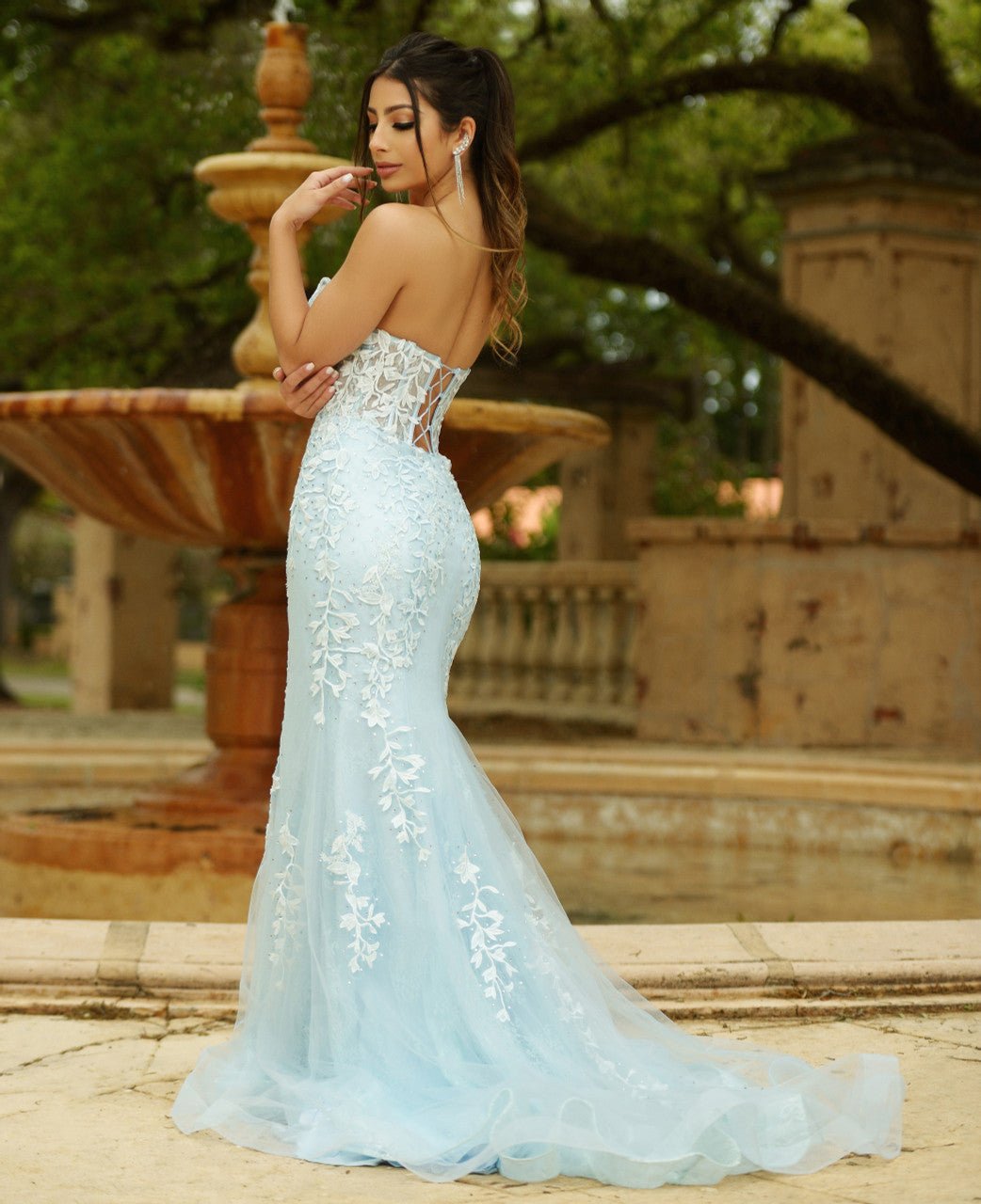 Reva Corset Gown - Light Blue Floral Lace Dress - Luzilly Bridal & Apparel