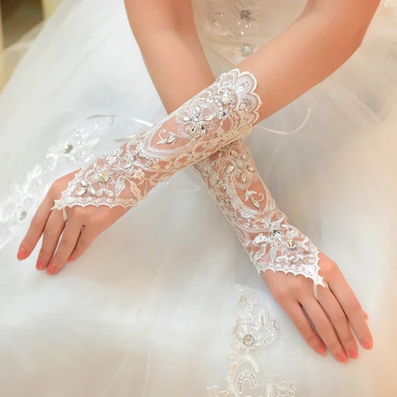 Rhinestone Floral Lace Fingerless Bridal Gloves - Luzilly Bridal & Apparel