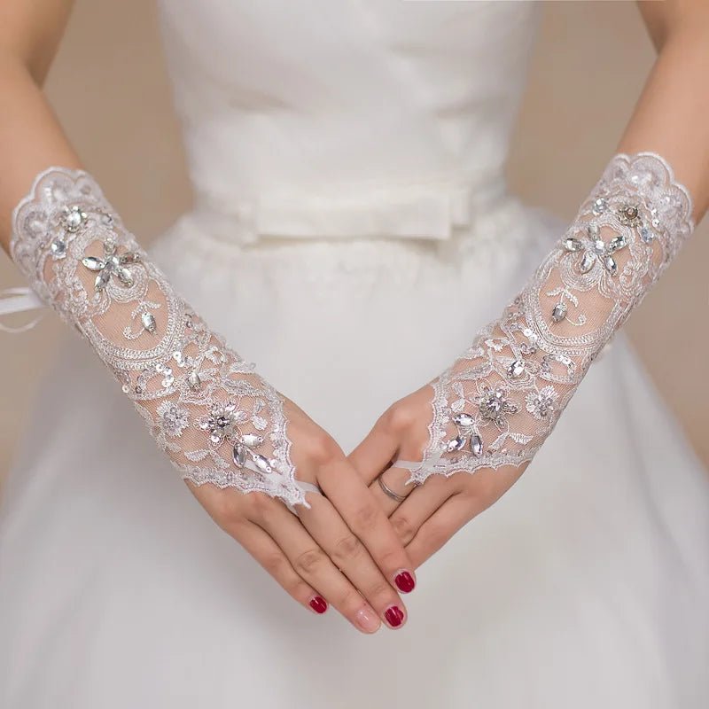 Rhinestone Floral Lace Fingerless Bridal Gloves - Luzilly Bridal & Apparel