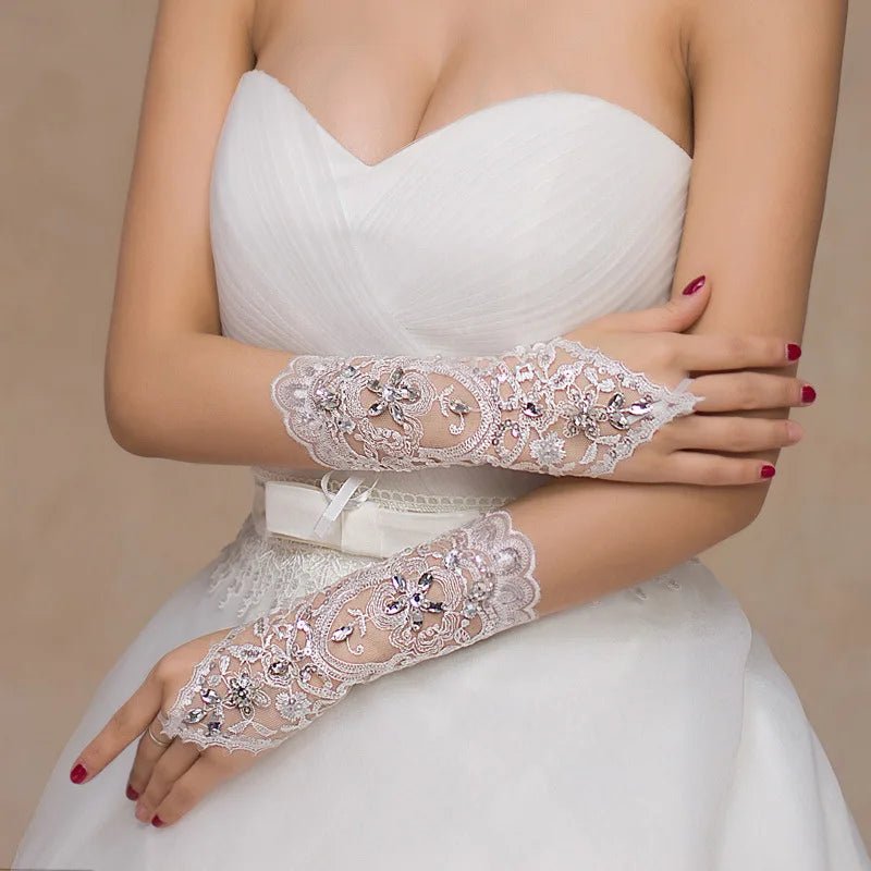 Rhinestone Floral Lace Fingerless Bridal Gloves - Luzilly Bridal & Apparel