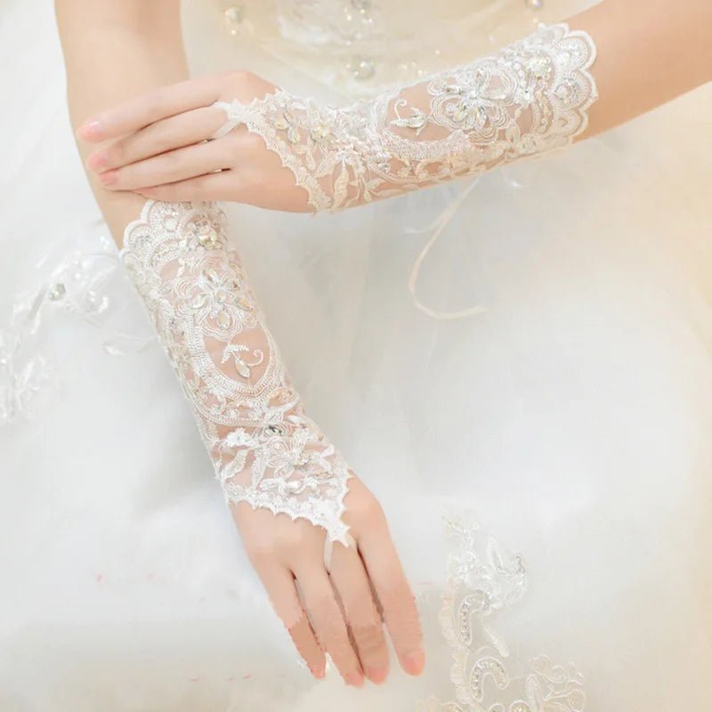 Rhinestone Floral Lace Fingerless Bridal Gloves - Luzilly Bridal & Apparel