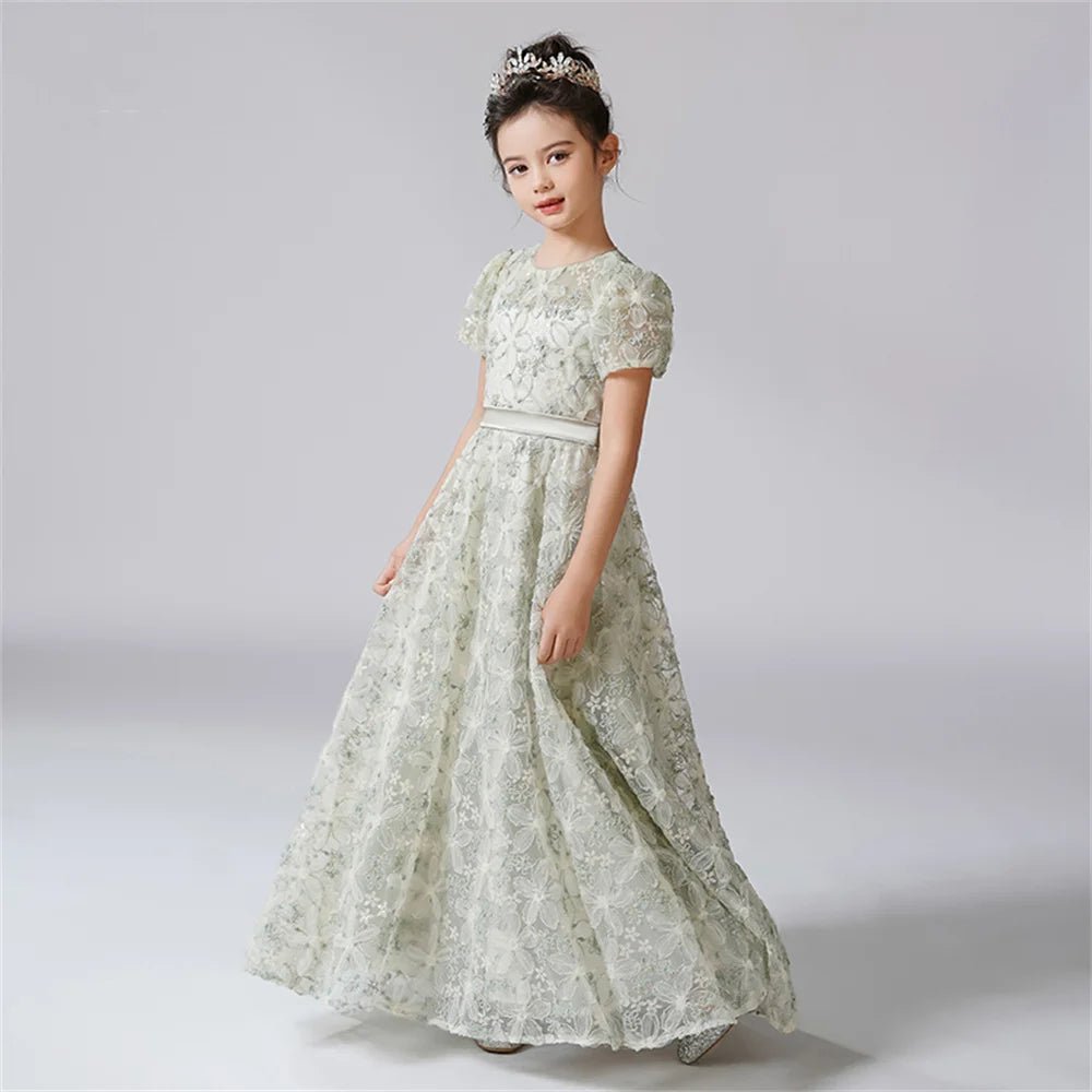 Rhinestone Floral Lace Puff-Sleeve Flower Girl Dress - Luzilly Bridal & Apparel