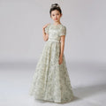 Rhinestone Floral Lace Puff-Sleeve Flower Girl Dress - Luzilly Bridal & Apparel