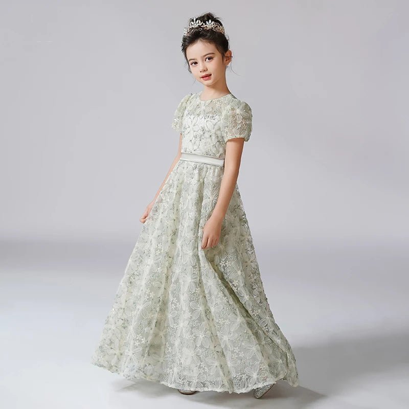 Rhinestone Floral Lace Puff-Sleeve Flower Girl Dress - Luzilly Bridal & Apparel