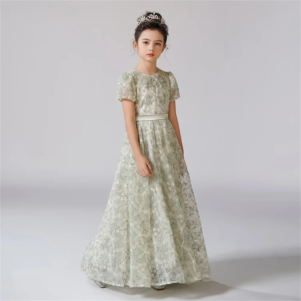 Rhinestone Floral Lace Puff-Sleeve Flower Girl Dress - Luzilly Bridal & Apparel