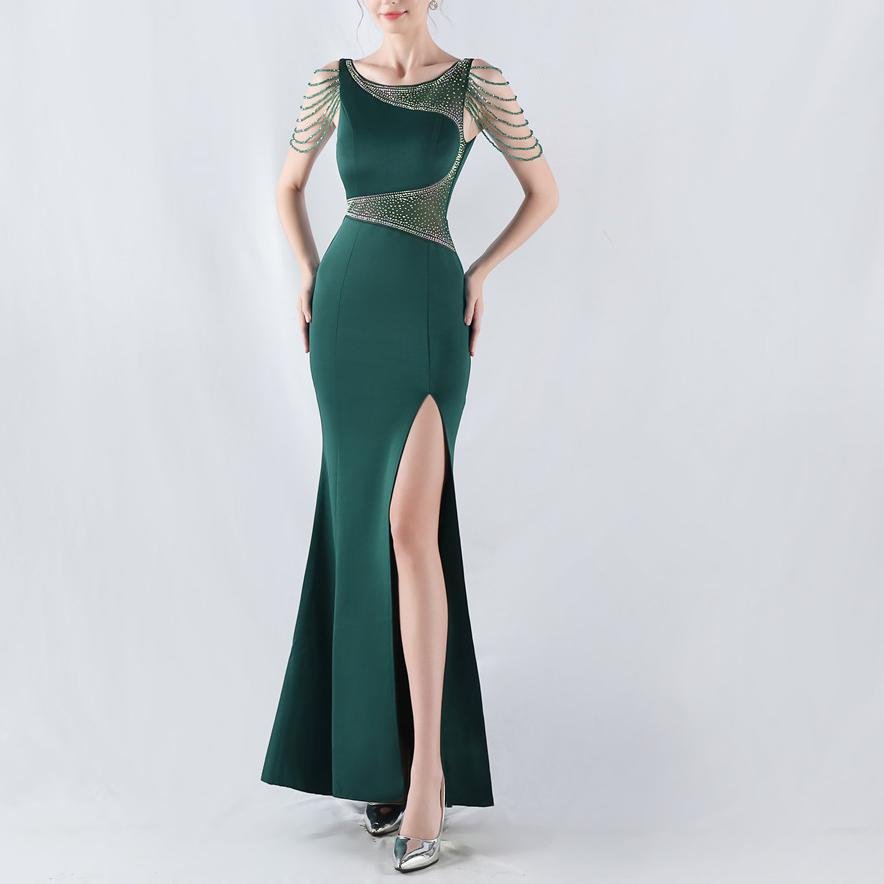 Rhinestone Mesh Slit Evening Dress - Luzilly Bridal & Apparel