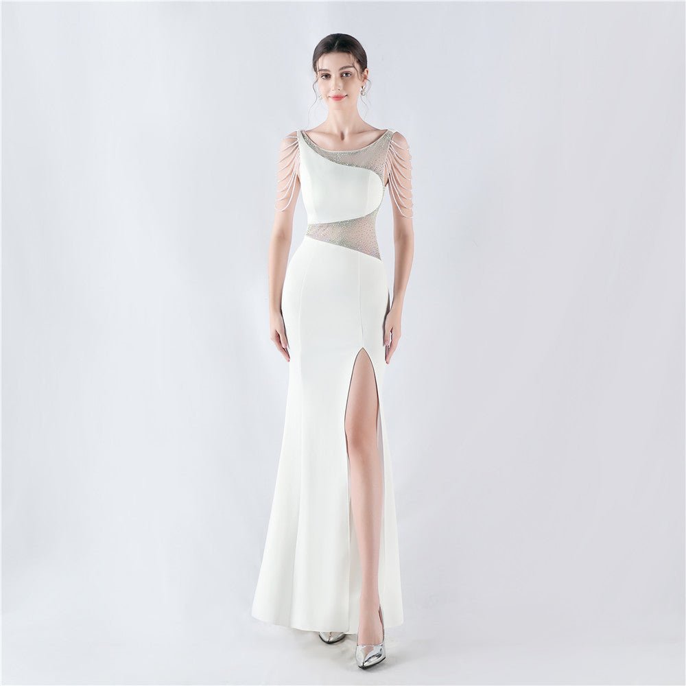 Rhinestone Mesh Slit Evening Dress - Luzilly Bridal & Apparel