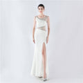 Rhinestone Mesh Slit Evening Dress - Luzilly Bridal & Apparel