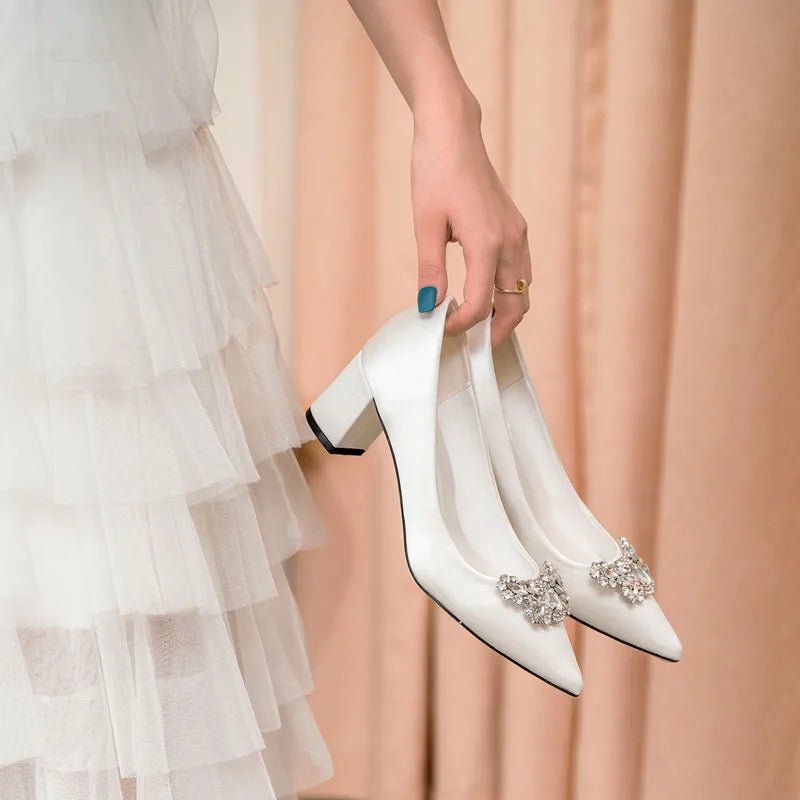Rhinestone Pointed-Toe Mid-Heel Bridal Pumps - Luzilly Bridal & Apparel