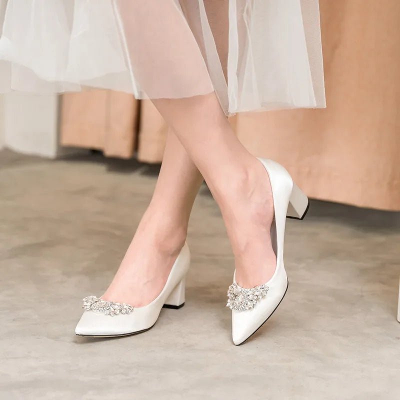 Rhinestone Pointed-Toe Mid-Heel Bridal Pumps - Luzilly Bridal & Apparel