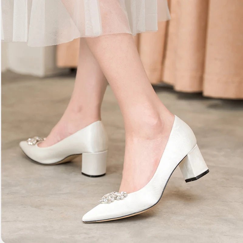Rhinestone Pointed-Toe Mid-Heel Bridal Pumps - Luzilly Bridal & Apparel