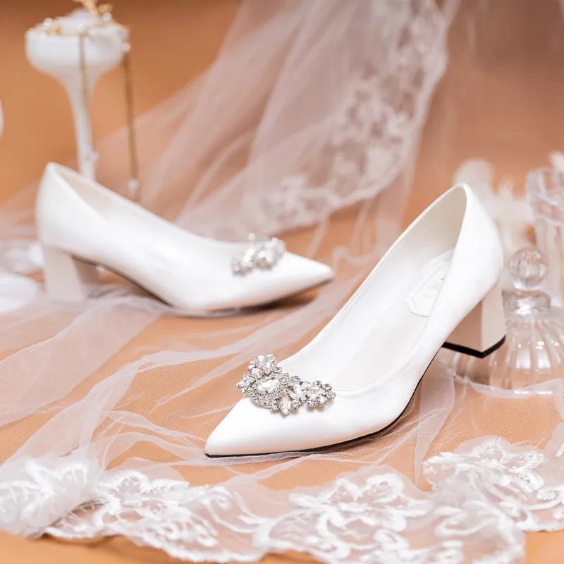 Rhinestone Pointed-Toe Mid-Heel Bridal Pumps - Luzilly Bridal & Apparel