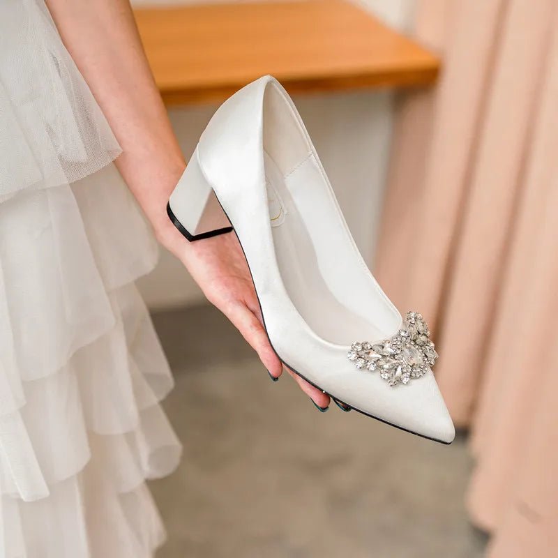 Rhinestone Pointed-Toe Mid-Heel Bridal Pumps - Luzilly Bridal & Apparel