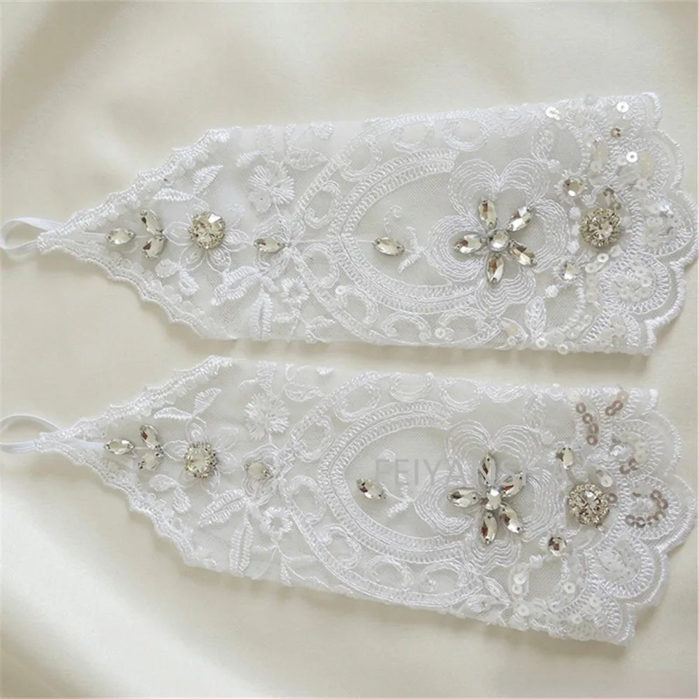 Rhinestone White Lace Bridal Gloves - Luzilly Bridal & Apparel