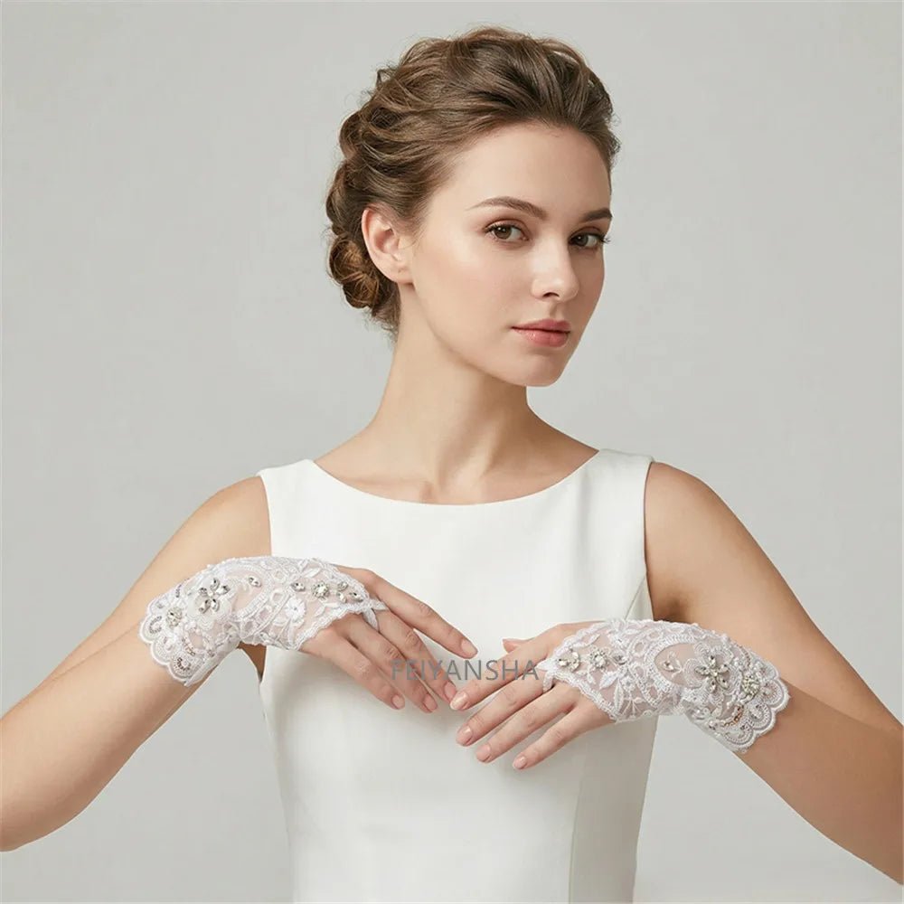 Rhinestone White Lace Bridal Gloves - Luzilly Bridal & Apparel