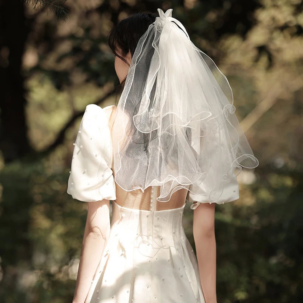 Ribbon Bow & Pearl Elbow-Length Wedding Veil - Luzilly Bridal & Apparel