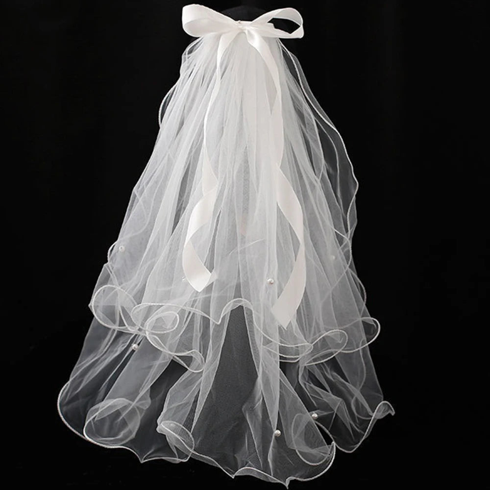 Ribbon Bow & Pearl Elbow-Length Wedding Veil - Luzilly Bridal & Apparel