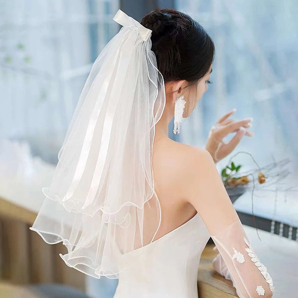 Ribbon Bow & Pearl Elbow-Length Wedding Veil - Luzilly Bridal & Apparel