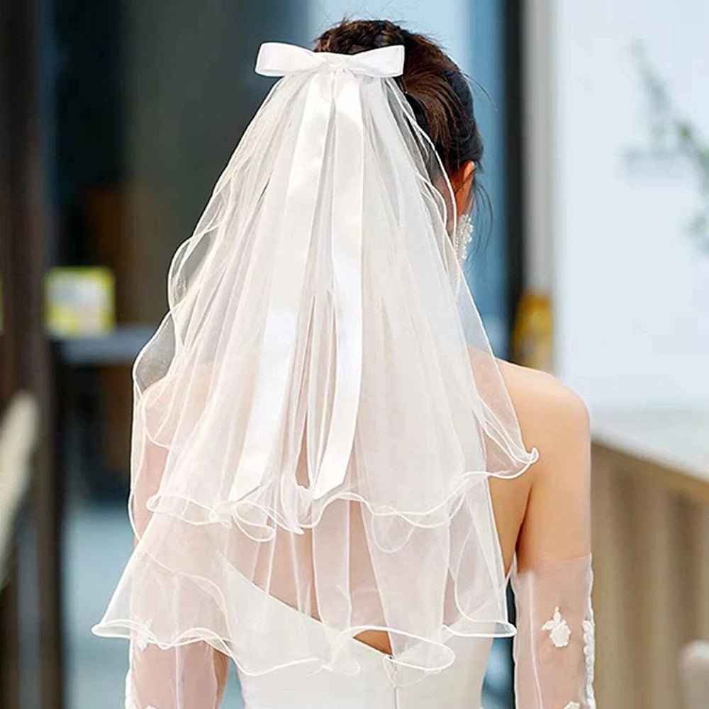 Ribbon Bow & Pearl Elbow-Length Wedding Veil - Luzilly Bridal & Apparel