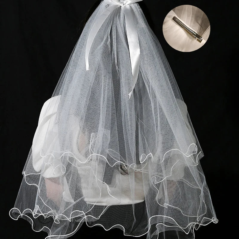 Ribbon Bow & Pearl Elbow-Length Wedding Veil - Luzilly Bridal & Apparel